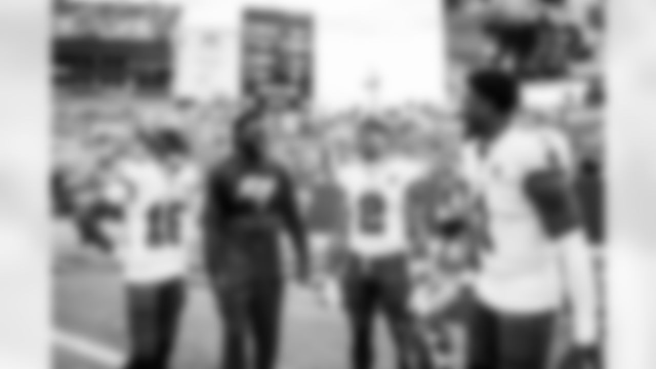 TAMPA, FL - November 09, 2025 - Wide Receiver Tez Johnson #15, Wide Receiver Chris Godwin #14, Wide Receiver Emeka Egbuka #2 and Running Back Rachaad White #1 of the Tampa Bay Buccaneers before the game between the New England Patriots and Tampa Bay Buccaneers. The Bucs lost the game, 28-23. Photo By Tori Richman/Tampa Bay Buccaneers