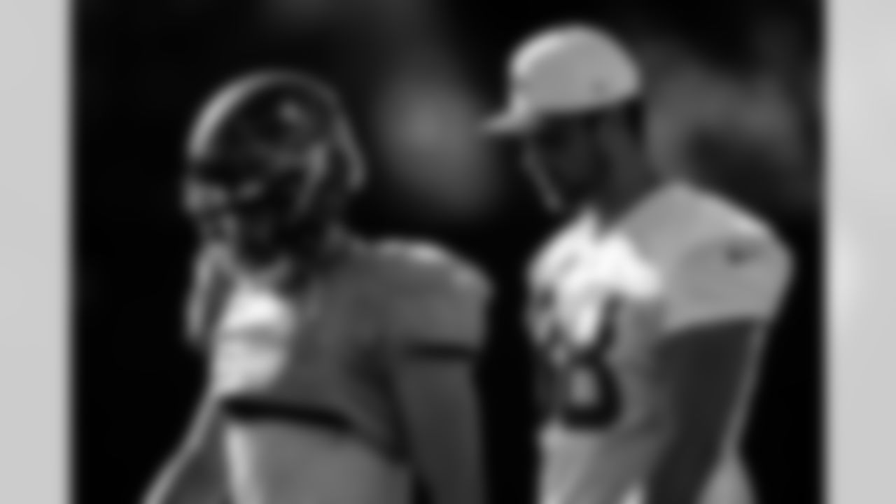 TAMPA, FL - August 20, 2025 - Quarterback Baker Mayfield #6 and Tight End Cade Otton #88 of the Tampa Bay Buccaneers during 2025 Training Camp at AdventHealth Training Center. Photo By Kyle Zedaker/Tampa Bay Buccaneers