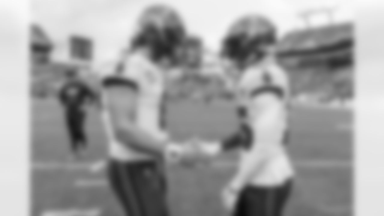 TAMPA, FL - November 09, 2025 - Quarterback Baker Mayfield #6 and Wide Receiver Tez Johnson #15 of the Tampa Bay Buccaneers before the game between the New England Patriots and Tampa Bay Buccaneers. The Bucs lost the game, 28-23. Photo By Doug DeFelice/Tampa Bay Buccaneers