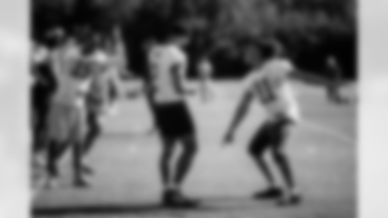 TAMPA, FL - December 24, 2025 - Wide Receiver Tez Johnson #15, Wide Receiver Emeka Egbuka #2, and Wide Receiver Jalen McMillan #11 of the Tampa Bay Buccaneers during practice at AdventHealth Training Center. Photo By Kyle Zedaker/Tampa Bay Buccaneers