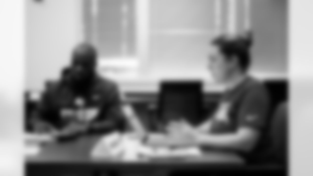 TAMPA, FL - May 09, 2024 - Senior Manager of Coaching Operations Sarah Evans during a mock interview session as part of the National Coaching Academy at AdventHealth Training Center. Photo By Kyle Zedaker/Tampa Bay Buccaneers