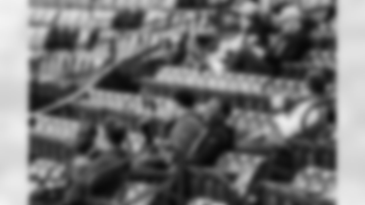 INDIANAPOLIS, IN - February 26, 2026 - Pro Scout Shannon Hogue, Assistant Director of Pro Scouting Donovan Cotton, Senior Personnel Executive Byron Kiefer, College Scout Jeremiah Bogan and Scouting Assistant Griffin Moore during Workouts at the 2026 NFL Combine at Lucas Oil Stadium. Photo By Tori Richman/Tampa Bay Buccaneers