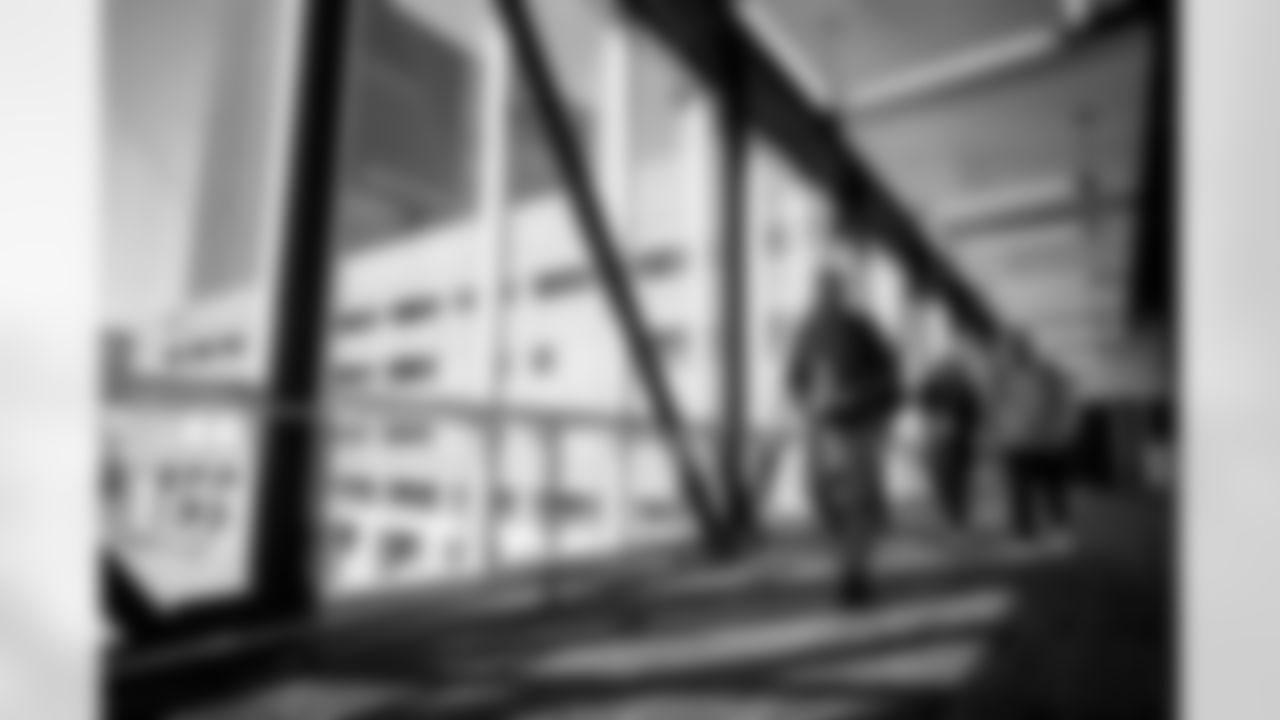 INDIANAPOLIS, IN - February 27, 2026 - College Scout Brian McLaughlin, Scouting Coordinator Peighton Roth and National Scout Andy Speyer during Workouts at the 2026 NFL Combine at Lucas Oil Stadium. Photo By Tori Richman/Tampa Bay Buccaneers