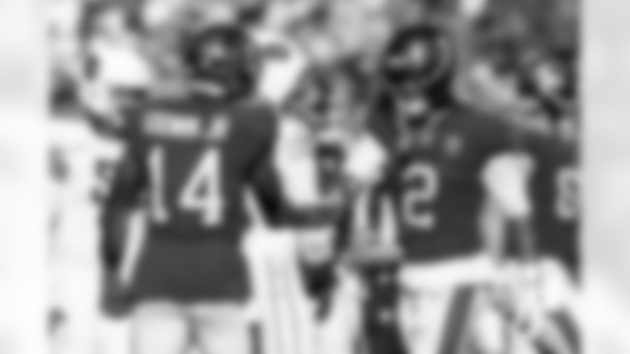 TAMPA, FL - November 30, 2025 - Wide Receiver Chris Godwin Jr. #14 and Wide Receiver Emeka Egbuka #2 of the Tampa Bay Buccaneers during the game between the Arizona Cardinals and Tampa Bay Buccaneers. The Bucs won the game, 20-17. Photo By Doug DeFelice/Tampa Bay Buccaneers