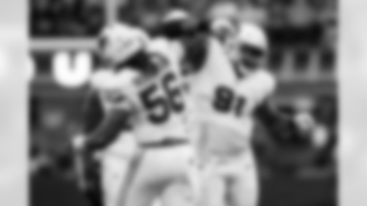 Arizona Cardinals defensive lineman L.J. Collier (91) and Arizona Cardinals defensive lineman Darius Robinson (56) during the Week 18 regular season game between the Arizona Cardinals and the Los Angeles Rams on Sunday, Jan. 4, 2026 in Los Angeles, CA.