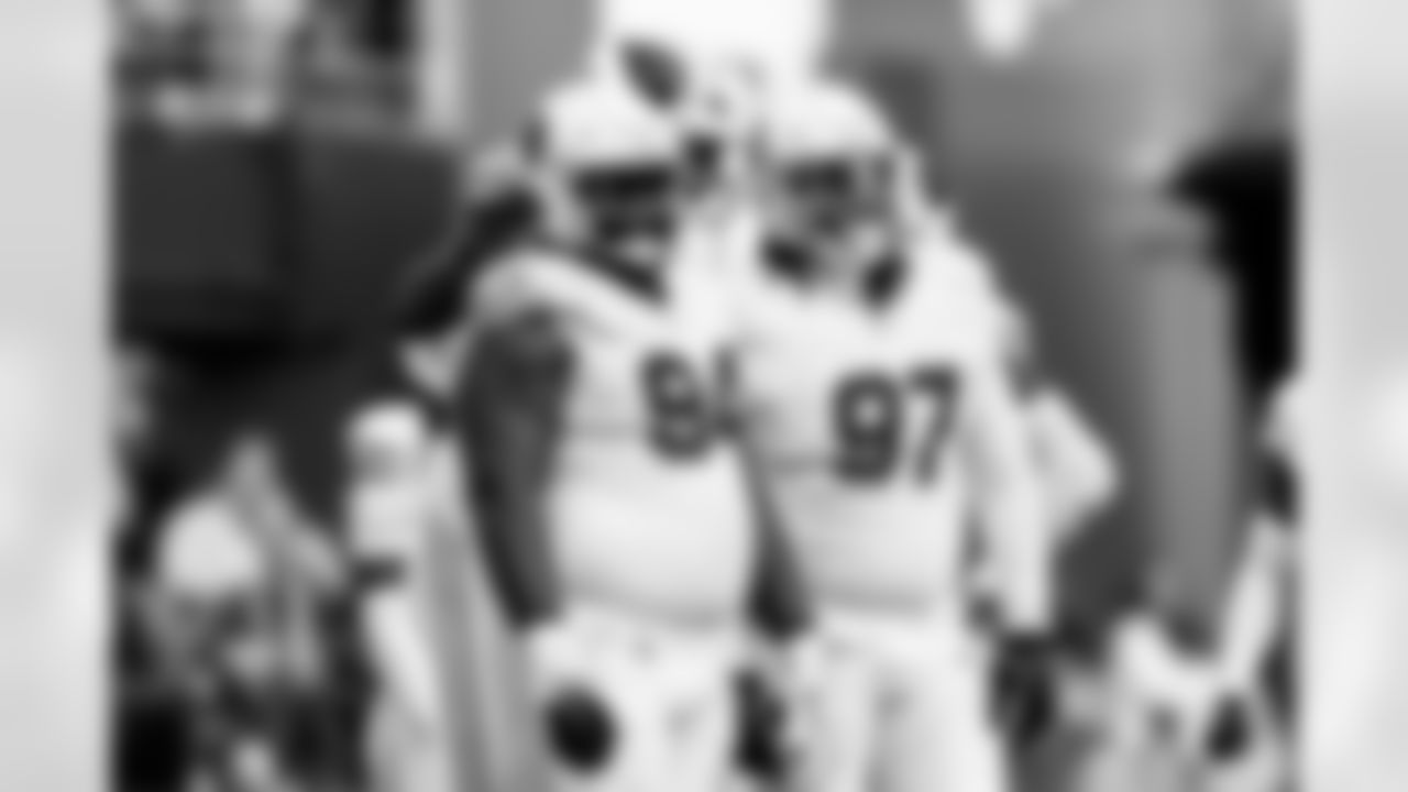 Arizona Cardinals defensive lineman Calais Campbell (93) , Arizona Cardinals defensive lineman Walter Nolen III (97) and Arizona Cardinals defensive lineman Dalvin Tomlinson (94) during the Week 10 regular season game between the Arizona Cardinals and the Seattle Seahawks on Sunday, Nov. 9, 2025 in Seattle, WA.