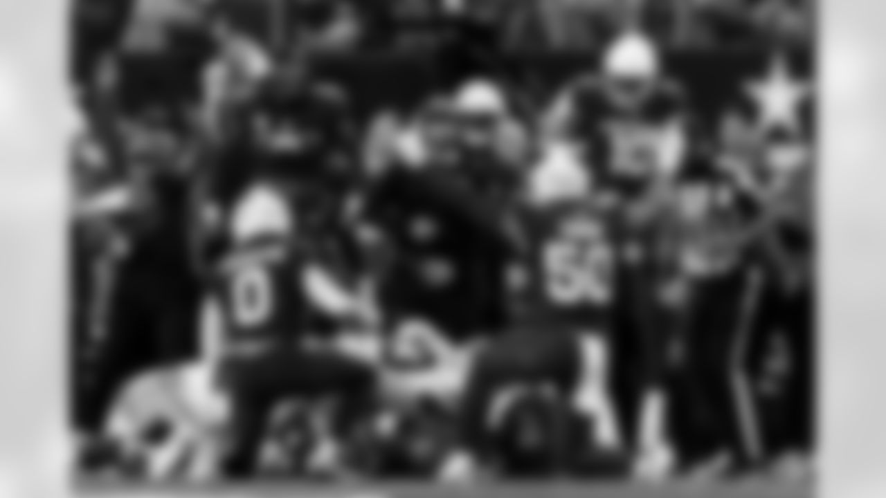 Arizona Cardinals cornerback Will Johnson (0) and Arizona Cardinals linebacker Cody Simon (50) during the Week 9 regular season game between the Arizona Cardinals and the Dallas Cowboys on Monday, Nov. 3, 2025 in Arlington, TX.