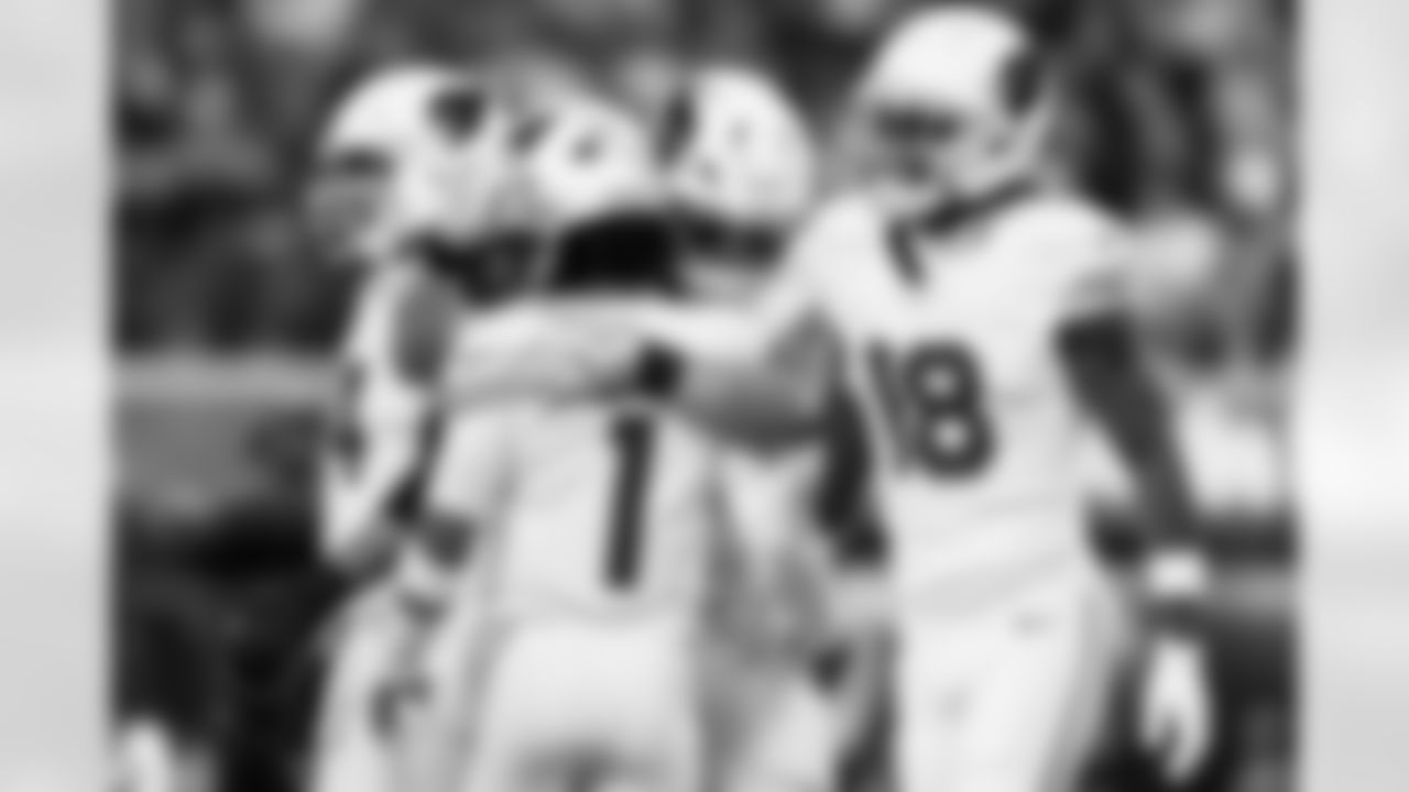 Arizona Cardinals quarterback Kyler Murray (1) and Arizona Cardinals tight end Trey McBride (85) during the Week 17 regular season game between the Arizona Cardinals and the Los Angeles Rams on Saturday, Dec 28, 2024 in Inglewood, CA.