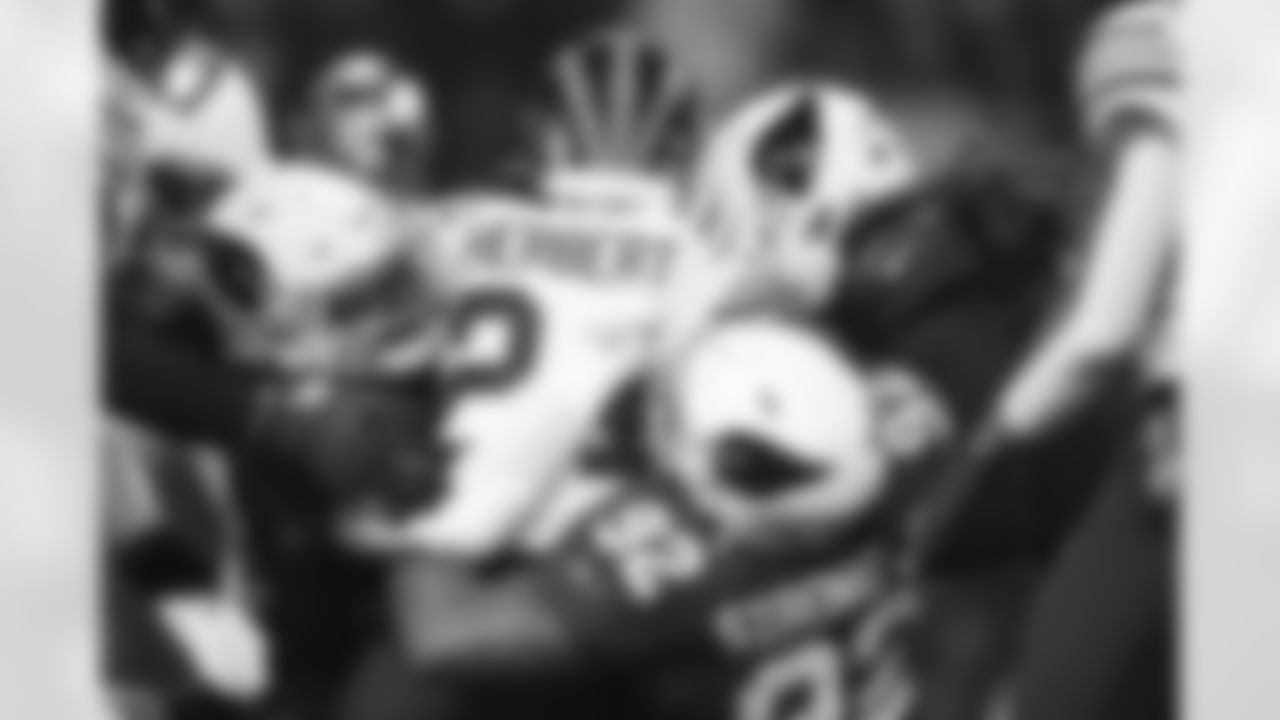 Arizona Cardinals defensive lineman Kevin Strong (92) and Arizona Cardinals linebacker Owen Pappoe (44) during the Week 16 regular season game between the Arizona Cardinals and the Chicago Bears on Sunday, Dec 24, 2023 in Chicago, IL.