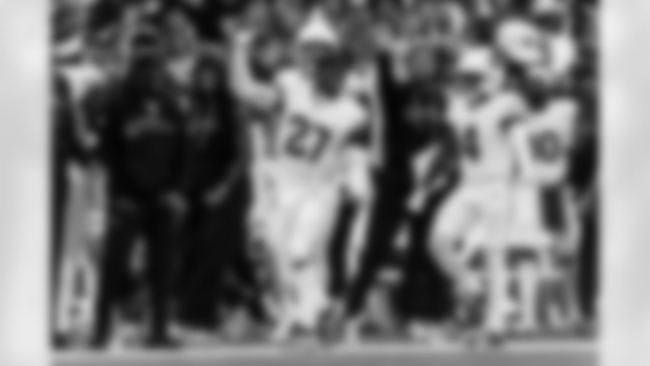 Arizona Cardinals linebacker Akeem Davis-Gaither (27) and Arizona Cardinals wide receiver Greg Dortch (4) during the Week 6 regular season game between the Arizona Cardinals and the Indianapolis Colts on Sunday, Oct. 12, 2025 in Indianapolis, IN.