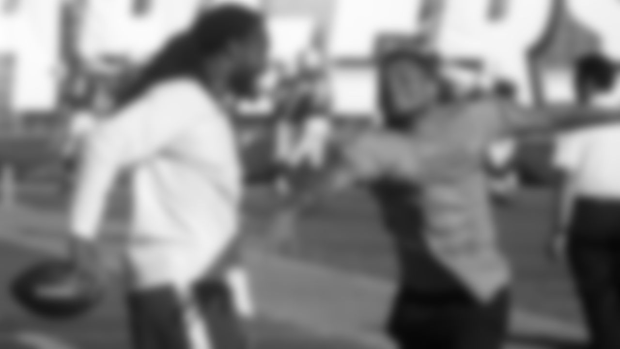 Larry Fitzgerald and Tyrann Mathieu have some fun before a preseason game in San Diego in 2016.