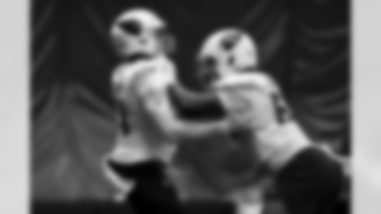 Arizona Cardinals linebacker Jordan Burch (52) and Arizona Cardinals linebacker Elliott Brown (41) during practice at the Dignity Health Training Facility on Wednesday, Nov. 19, 2025 in Tempe, AZ.