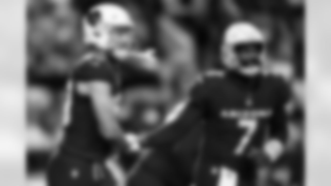 Arizona Cardinals wide receiver Simi Fehoko (80) and Arizona Cardinals quarterback Jacoby Brissett (7) during the Week 2 preseason game between the Arizona Cardinals and the Denver Broncos on Saturday, Aug. 16, 2025 in Denver, CO.