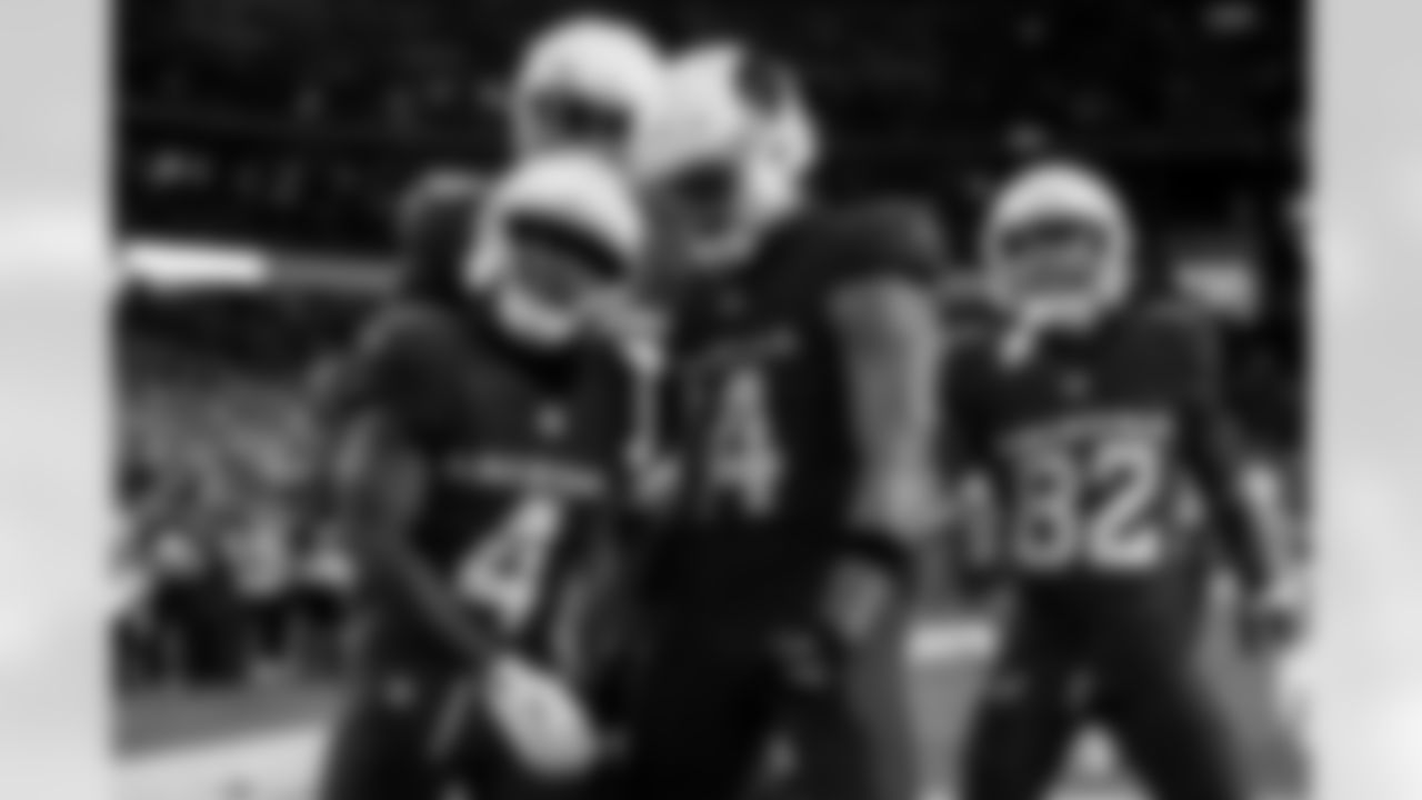 Arizona Cardinals wide receiver Greg Dortch (4) and Arizona Cardinals wide receiver Michael Wilson (14) during the Week 12 regular season game between the Arizona Cardinals and the Jacksonville Jaguars on Sunday, Nov. 23, 2025 at State Farm Stadium.