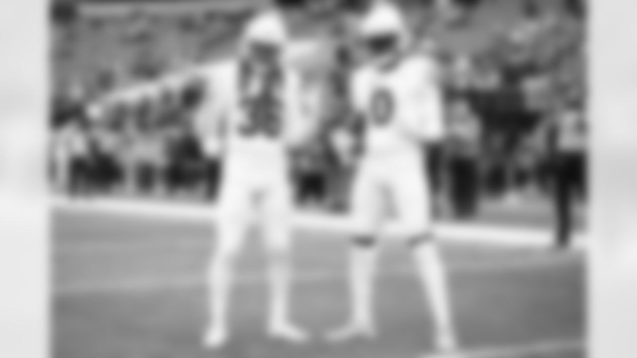 Arizona Cardinals safety Andre Chachere (36) and Arizona Cardinals wide receiver Zach Pascal (0) during the Week 17 regular season game between the Arizona Cardinals and the Philadelphia Eagles on Sunday, Dec 31, 2023 in Philadelphia, PA.