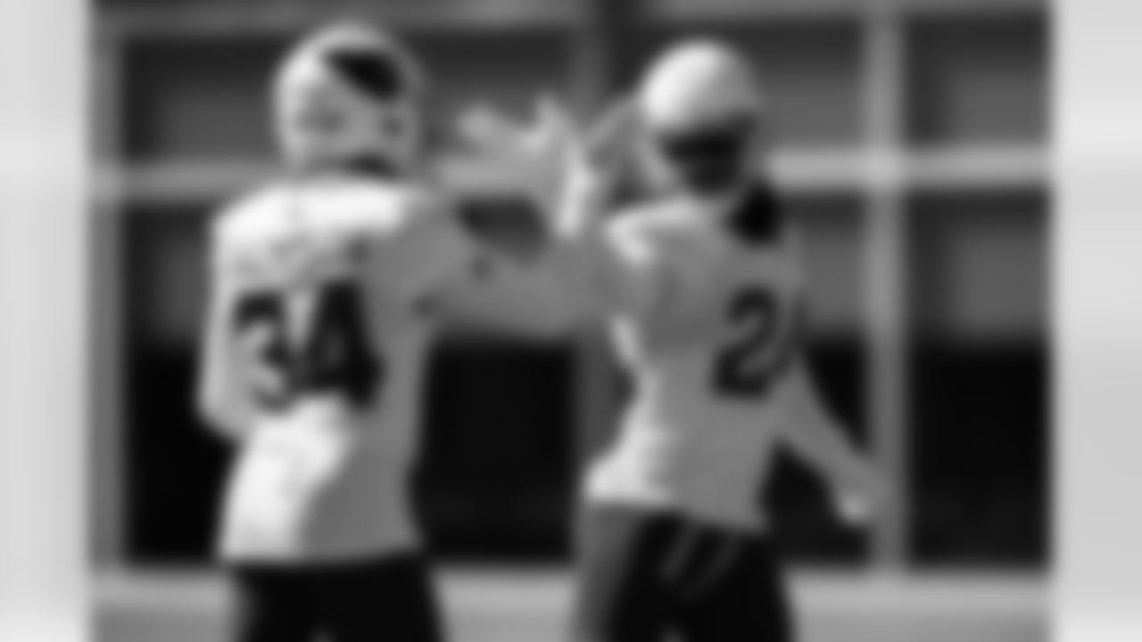 Arizona Cardinals cornerback Starling Thomas V (24) and Arizona Cardinals safety Jalen Thompson (34) during practice at the Dignity Health Training Facility on Wednesday, October. 30, 2024 in Tempe, AZ.