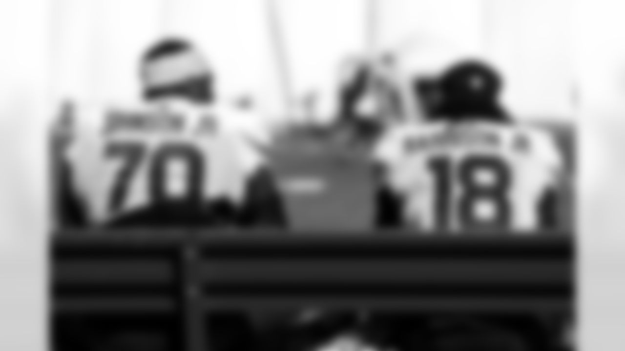 Arizona Cardinals offensive lineman Paris Johnson Jr. (70) and Arizona Cardinals wide receiver Marvin Harrison Jr. (18) during practice at the Dignity Health Training Facility on Thursday, Nov. 6, 2025 in Tempe, AZ.