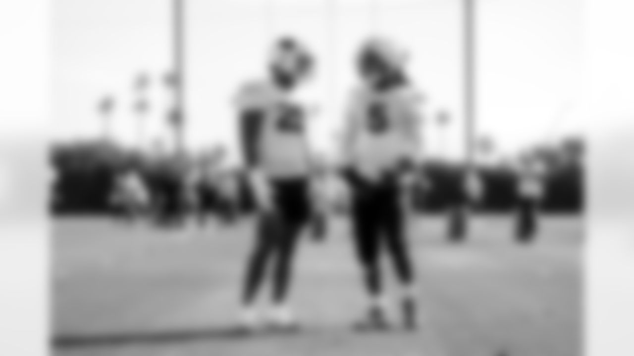 Arizona Cardinals linebacker Zaven Collins (25) and Arizona Cardinals linebacker Baron Browning (5) during practice at the Dignity Health Training Facility on Wednesday, Dec. 3, 2025 in Tempe, AZ.