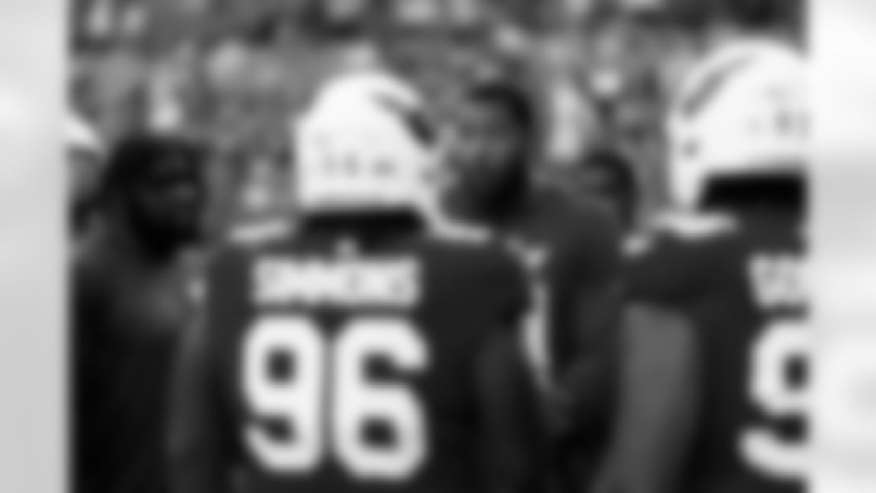 Arizona Cardinals defensive lineman Calais Campbell (93) and Arizona Cardinals defensive lineman Elijah Simmons (96) during the Week 2 preseason game between the Arizona Cardinals and the Denver Broncos on Saturday, Aug. 16, 2025 in Denver, CO.