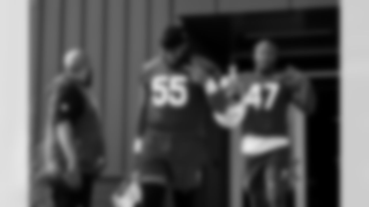 Arizona Cardinals defensive lineman Dante Stills (55) and Arizona Cardinals linebacker Channing Tindall (47) during practice at the Dignity Health Training Facility on Thursday, Dec. 25, 2025 in Tempe, AZ.