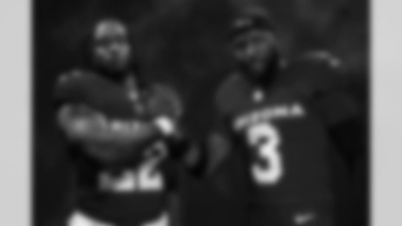 Arizona Cardinals running back Michael Carter (22) and Arizona Cardinals safety Budda Baker (3) during 2025 Media Day on Monday, June 9, 2025 in Tempe, AZ.