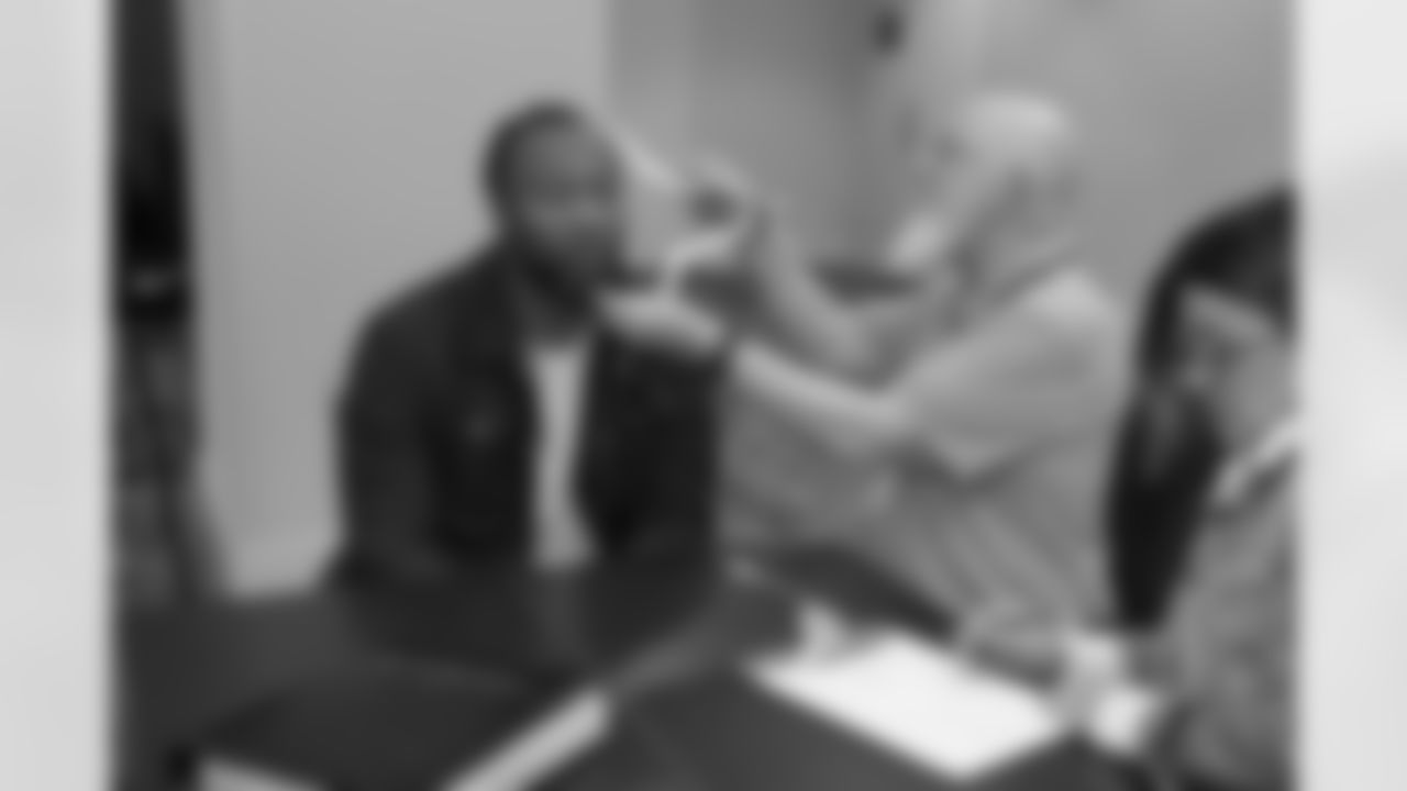 Former Arizona Cardinals wide receiver Larry Fitzgerald gets fitted for his bust, jacket and ring during the Pro Football Hall of Fame Sizing Saturday on Saturday, Feb. 7, 2026 in San Francisco, CA.