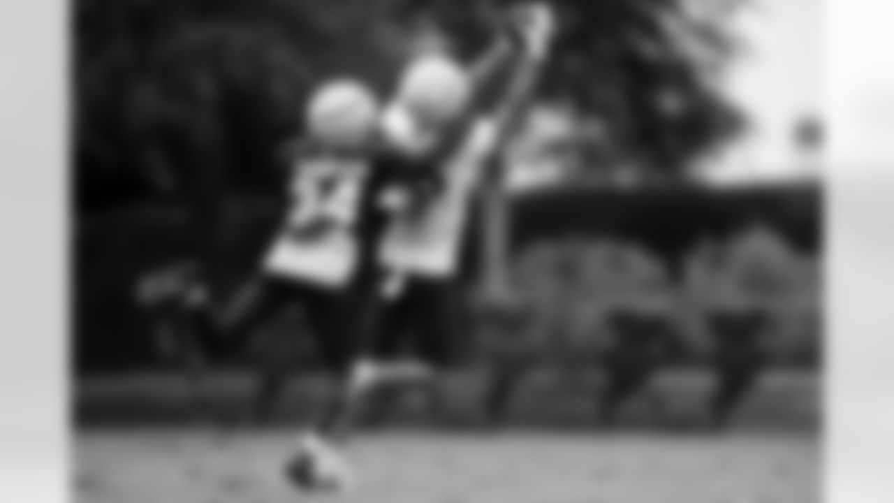 Arizona Cardinals wide receiver Simi Fehoko (80) and Arizona Cardinals safety Jalen Thompson (34) during practice at the Dignity Health Training Facility on Thursday, Oct. 9, 2025 in Tempe, AZ.