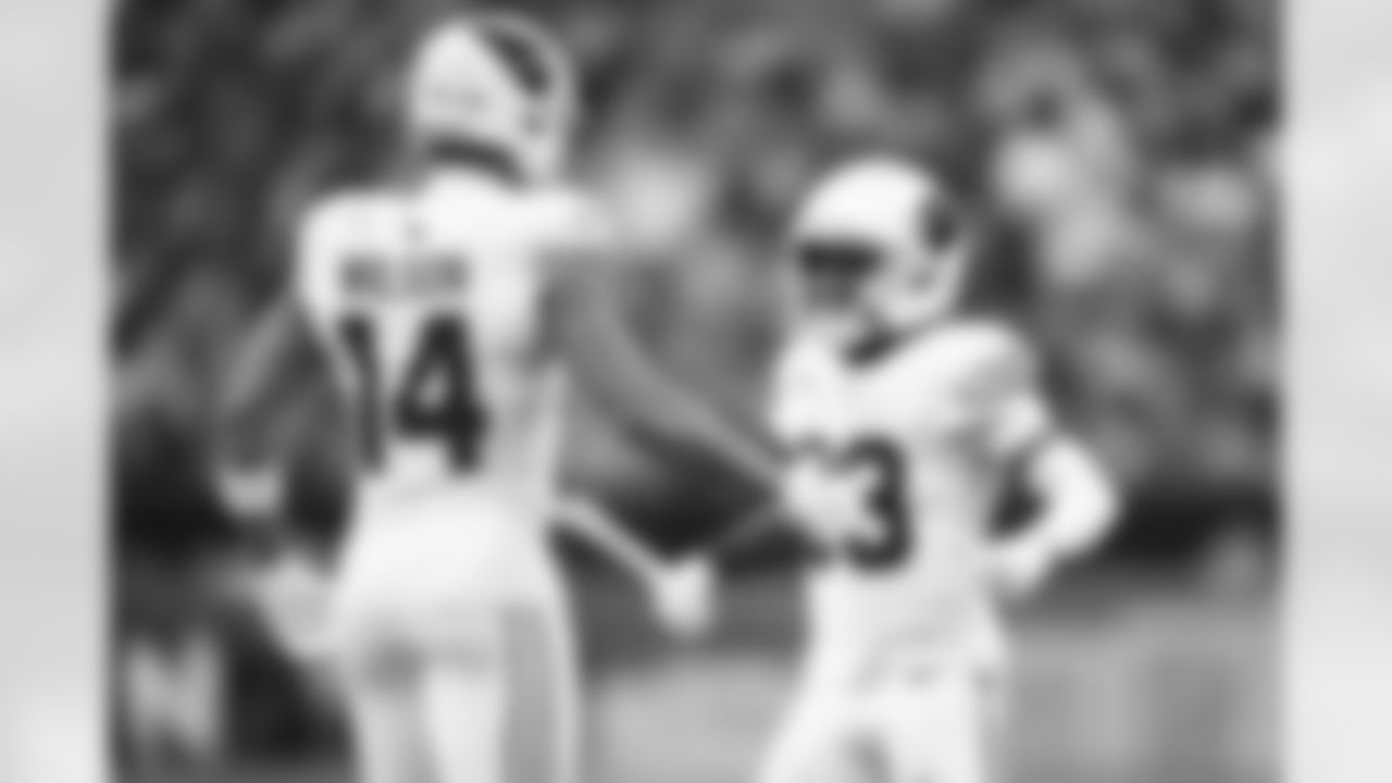Arizona Cardinals wide receiver Greg Dortch (83) and Arizona Cardinals wide receiver Michael Wilson (14) during the Week 17 regular season game between the Arizona Cardinals and the Philadelphia Eagles on Sunday, Dec 31, 2023 in Philadelphia, PA.