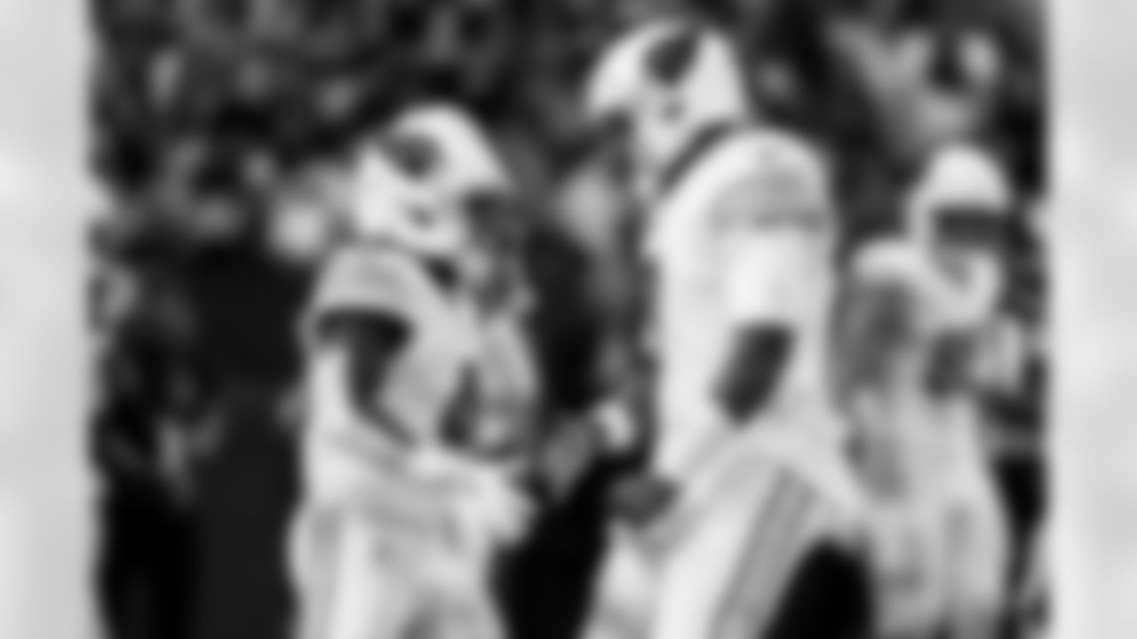 Arizona Cardinals wide receiver Greg Dortch (4) and Arizona Cardinals quarterback Jacoby Brissett (7) during the Week 6 regular season game between the Arizona Cardinals and the Indianapolis Colts on Sunday, Oct. 12, 2025 in Indianapolis, IN.