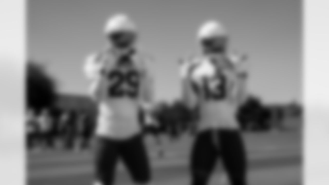 Arizona Cardinals cornerback Denzel Burke (29) and Arizona Cardinals cornerback Kei'Trel Clark (13) during practice at the Dignity Health Training Facility on Thursday, Oct. 16, 2025 in Tempe, AZ.