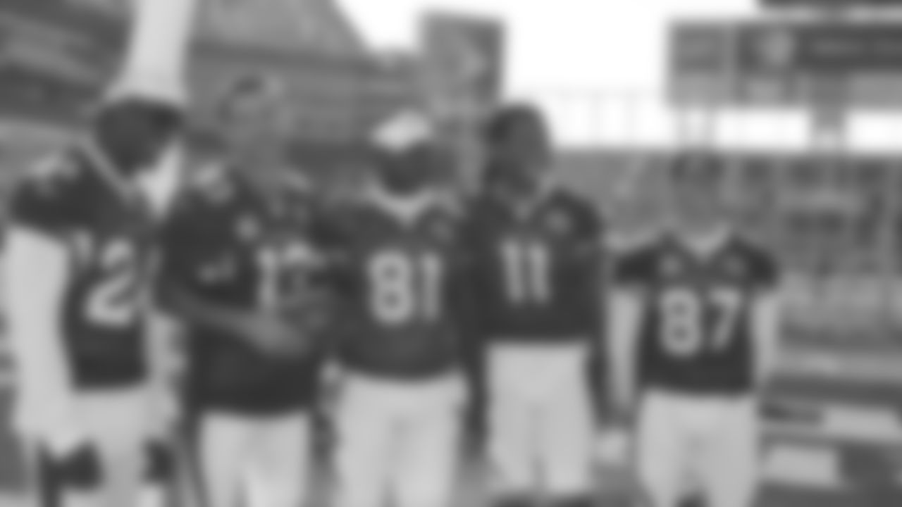 Cardinals Pro Bowlers pose on Super Bowl media day in 2008. From left to right, Adrian Wilson, Kurt Warner, Anquan Boldin, Larry Fitzgerald, and Sean Morey.
