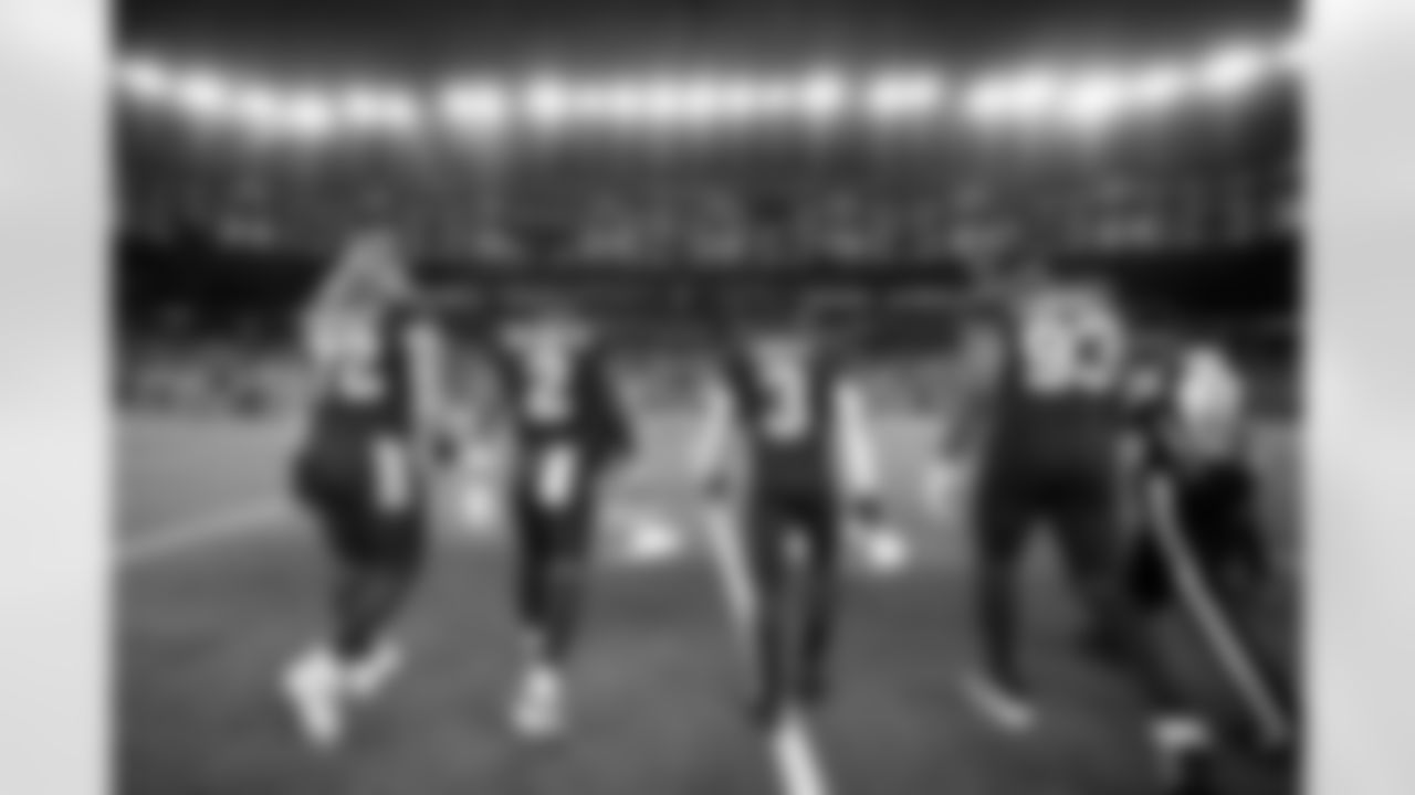 Arizona Cardinals offensive lineman Hjalte Froholdt (72), Arizona Cardinals linebacker Mack Wilson Sr. (2), Arizona Cardinals safety Budda Baker (3) and Arizona Cardinals defensive lineman Calais Campbell (93) during the Week 9 regular season game between the Arizona Cardinals and the Dallas Cowboys on Monday, Nov. 3, 2025 in Arlington, TX.