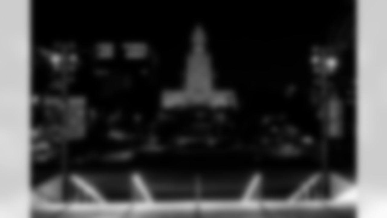 Grand Park is lit up for the Los Angeles Chargers on Wednesday, January 7, 2026 in Los Angeles, CA.