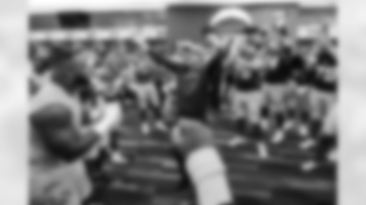 WR Ladd McConkey (15), Head Coach Jim Harbaugh, C Bradley Bozeman (75), S Derwin James Jr. (3) and QB Justin Herbert (10)