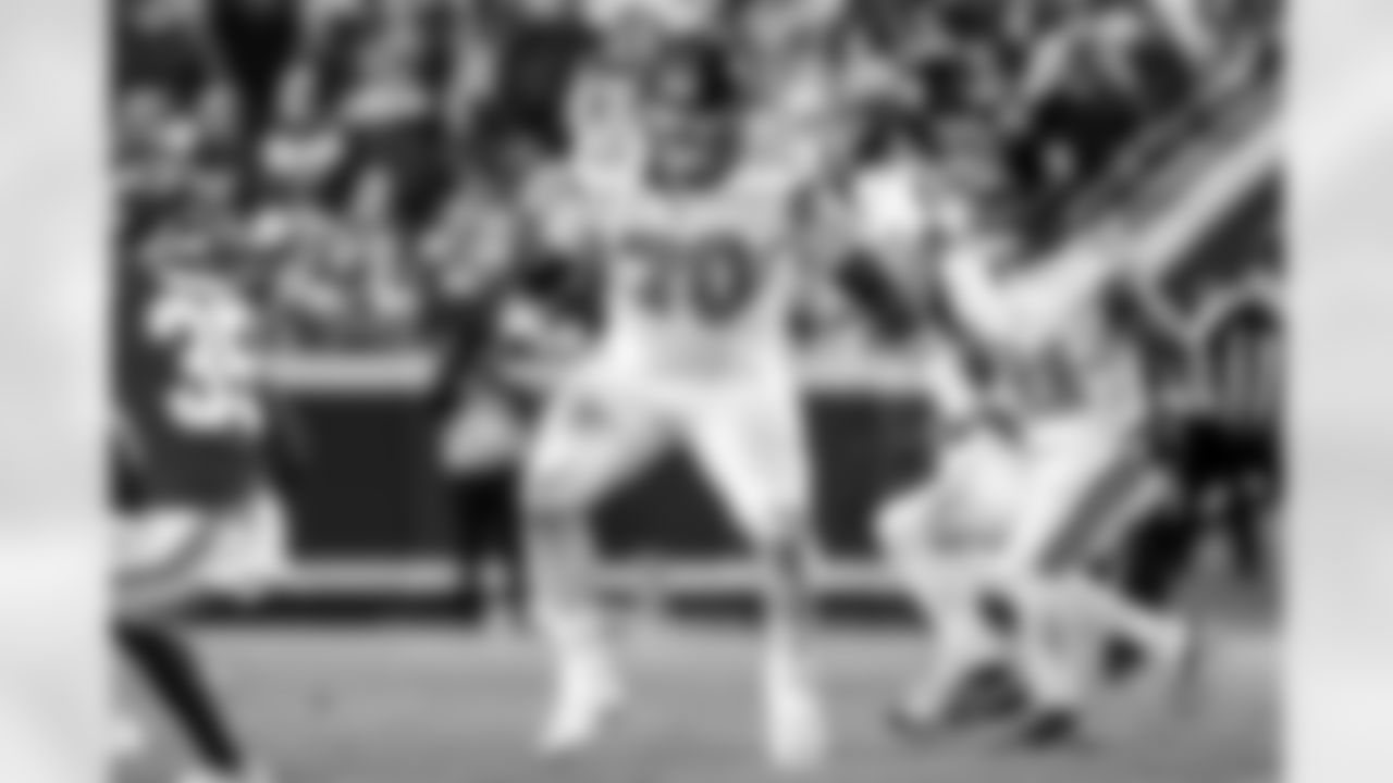 New Orleans Saints offensive tackle Trevor Penning (70) sets up to block against the Kansas City Chiefs during an NFL football game, Monday, Oct. 7, 2024 in Kansas City, Mo. The Chiefs defeated the Saints 26-13. (G. Newman Lowrance via AP)