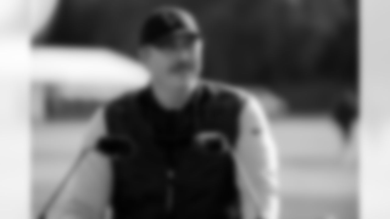 Atlanta Falcons head coach Arthur Smith speaks to media after a practice session in Harrow, England, Friday, Sept. 29, 2023. The Atlanta Falcons will play the Jacksonville Jaguars in an NFL regular season football game at Wembley Stadium on Sunday. (AP Photo/Steve Luciano)