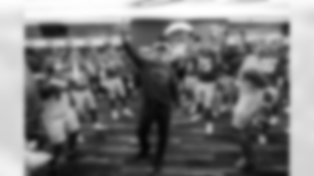 WR Ladd McConkey (15), Head Coach Jim Harbaugh, C Bradley Bozeman (75), S Derwin James Jr. (3) and QB Justin Herbert (10)