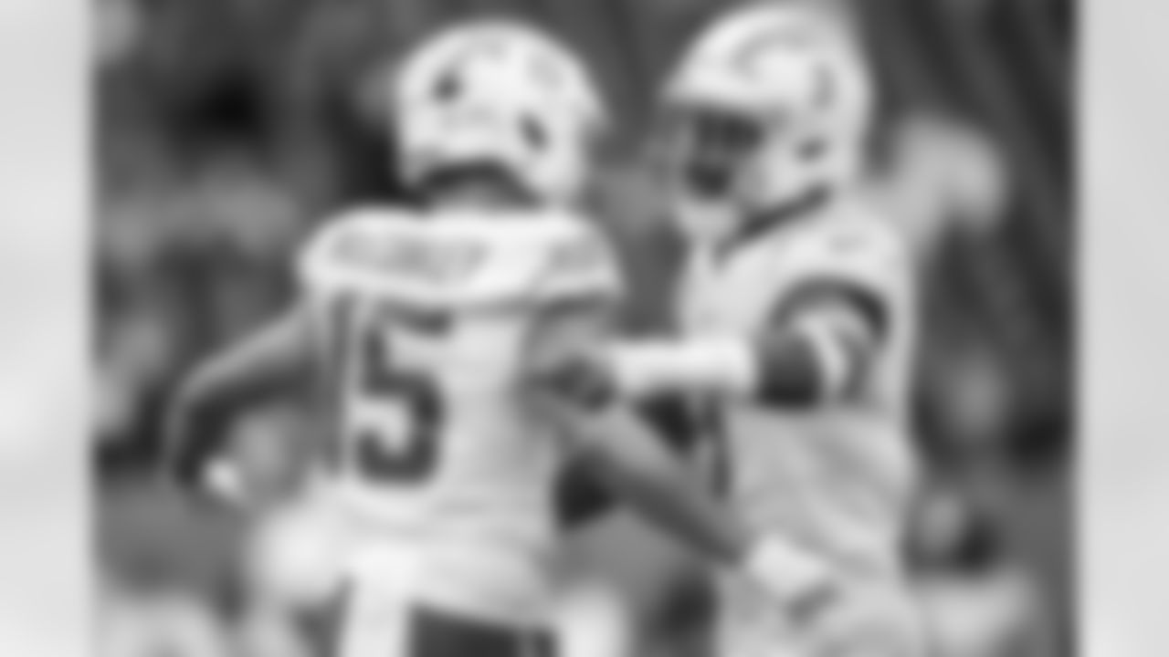 WR Ladd McConkey (15) and S Derwin James Jr. (3)