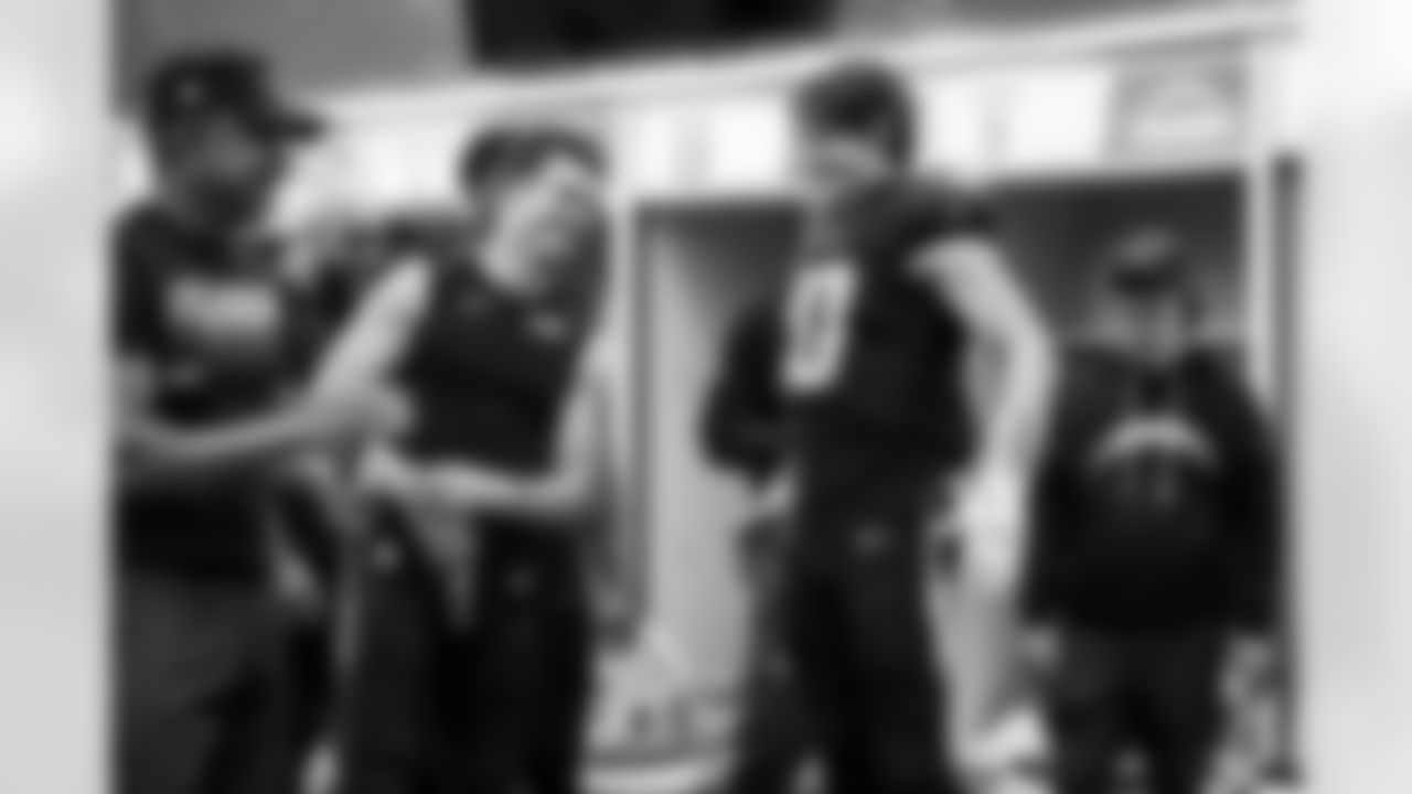 Wide Receivers Coach Sanjay Lal, WR Keenan Allen (13), WR Ladd McConkey (15) and QB Justin Herbert (10)