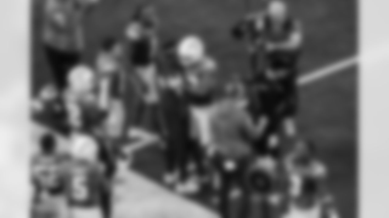 WR Keenan Allen (13), WR Derius Davis (12), WR Ladd McConkey (15), Wide Receivers Coach Sanjay Lal, WR Quentin Johnston (1) and S Derwin James Jr. (3)