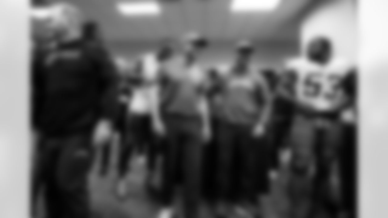 Special Teams Coordinator Ryan Ficken, Defensive Coordinator Jesse Minter and LB Del'Shawn Phillips (53)