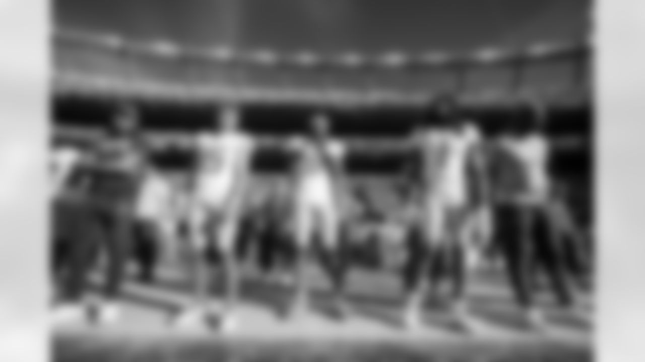 Wide Receivers Coach Sanjay Lal, WR Ladd McConkey (15), WR Tre Harris (9) and WR Quentin Johnston (1)