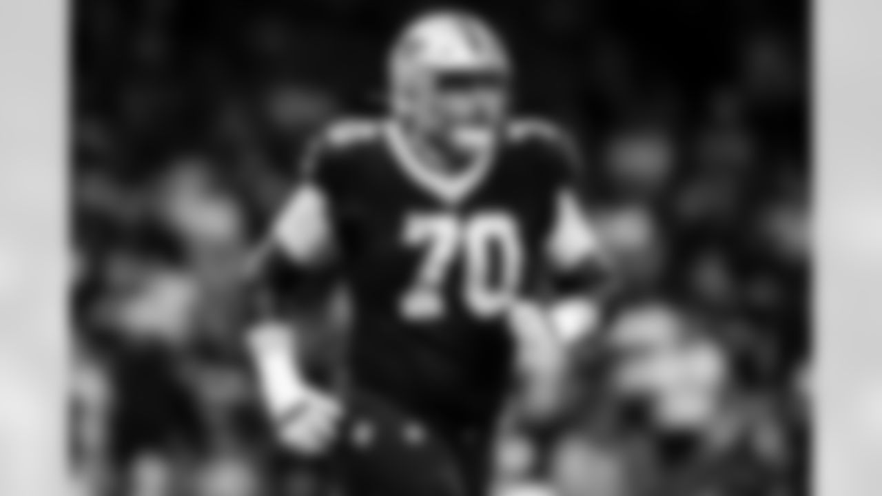 New Orleans Saints offensive tackle Trevor Penning (70) walks between plays during an NFL football game against the Jacksonville Jaguars, Thursday, Oct. 19, 2023, in New Orleans. The Jaguars won 31-24. (Aaron M. Sprecher via AP)