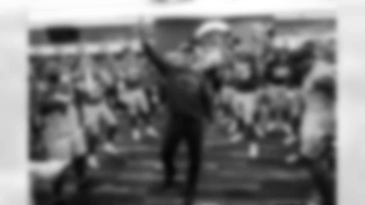 WR Ladd McConkey (15), Head Coach Jim Harbaugh, C Bradley Bozeman (75), S Derwin James Jr. (3) and QB Justin Herbert (10)