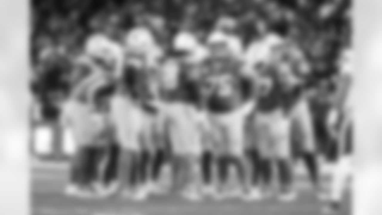 WR Keenan Allen (13), C Bradley Bozeman (75), G Zion Johnson (77), T Trey Pipkins III (79), OL Jamaree Salyer (68) and T Joe Alt (76)