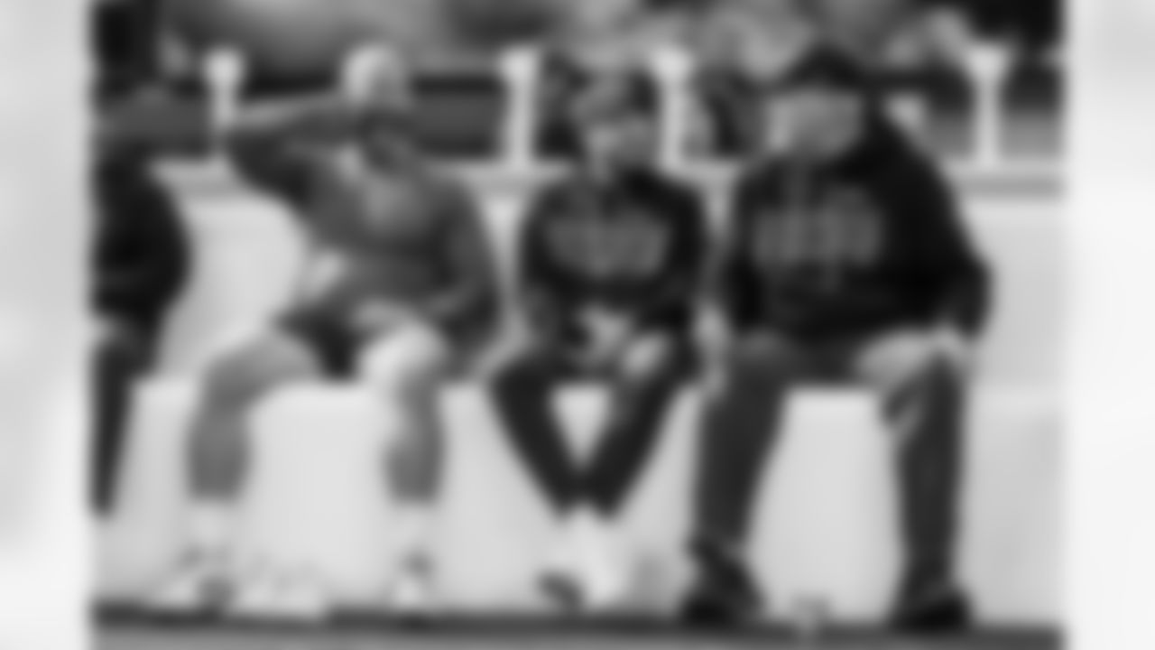 Assistant Offensive Line Coach Nick Hardwick, Offensive Assistant Kirk Campbell and Offensive Line Coach Mike Devlin