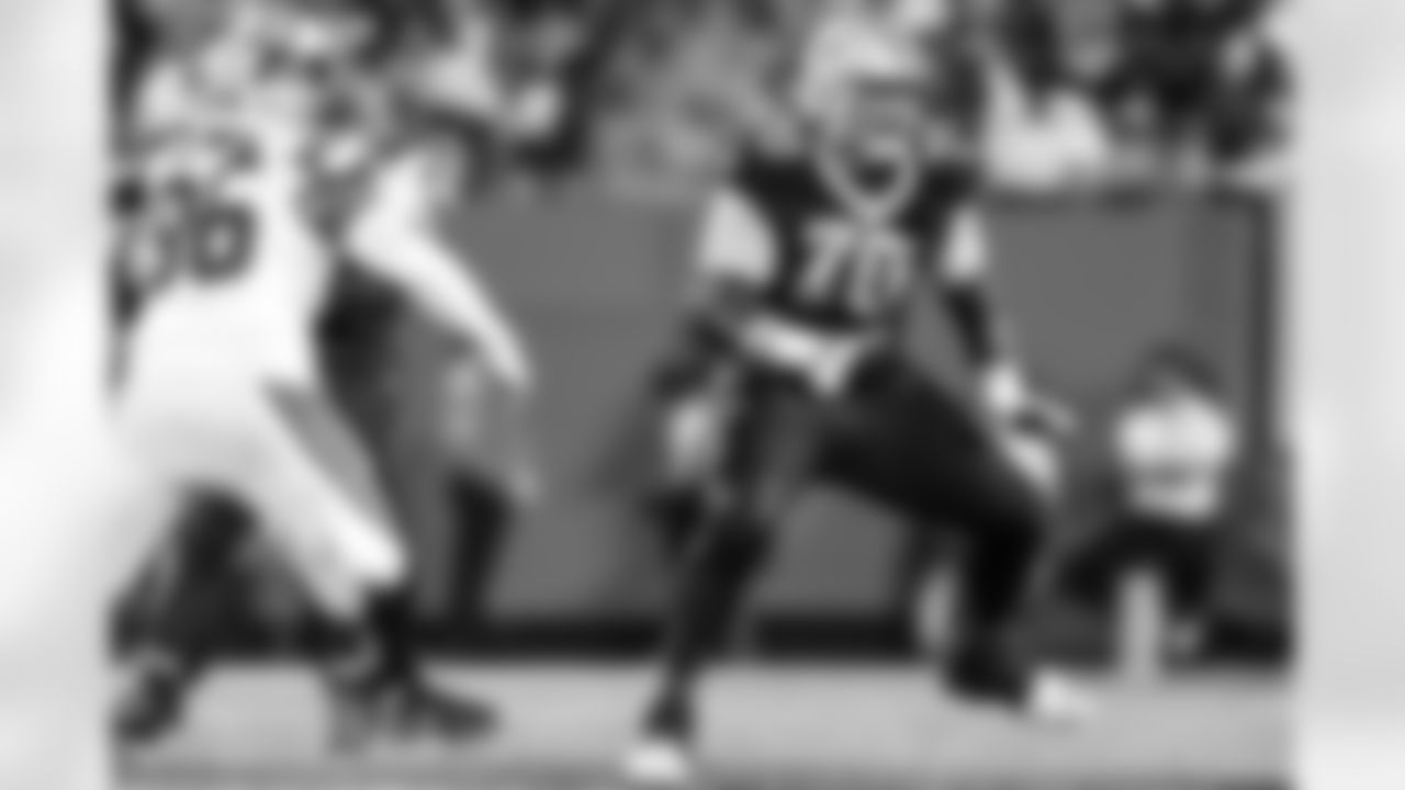 New Orleans Saints offensive tackle Trevor Penning (70) defends in coverage during an NFL football game against the Carolina Panthers, Monday, Sept. 18, 2023, in Charlotte N.C. The Saints won 20-17. (Perry Knotts via AP)