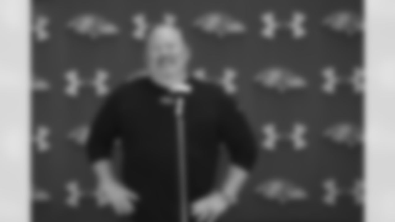 Baltimore Ravens offensive coordinator Greg Roman answers questions during news conference after an NFL football practice Wednesday, June 1, 2022, in Owings Mills, Md. (AP Photo/Gail Burton)