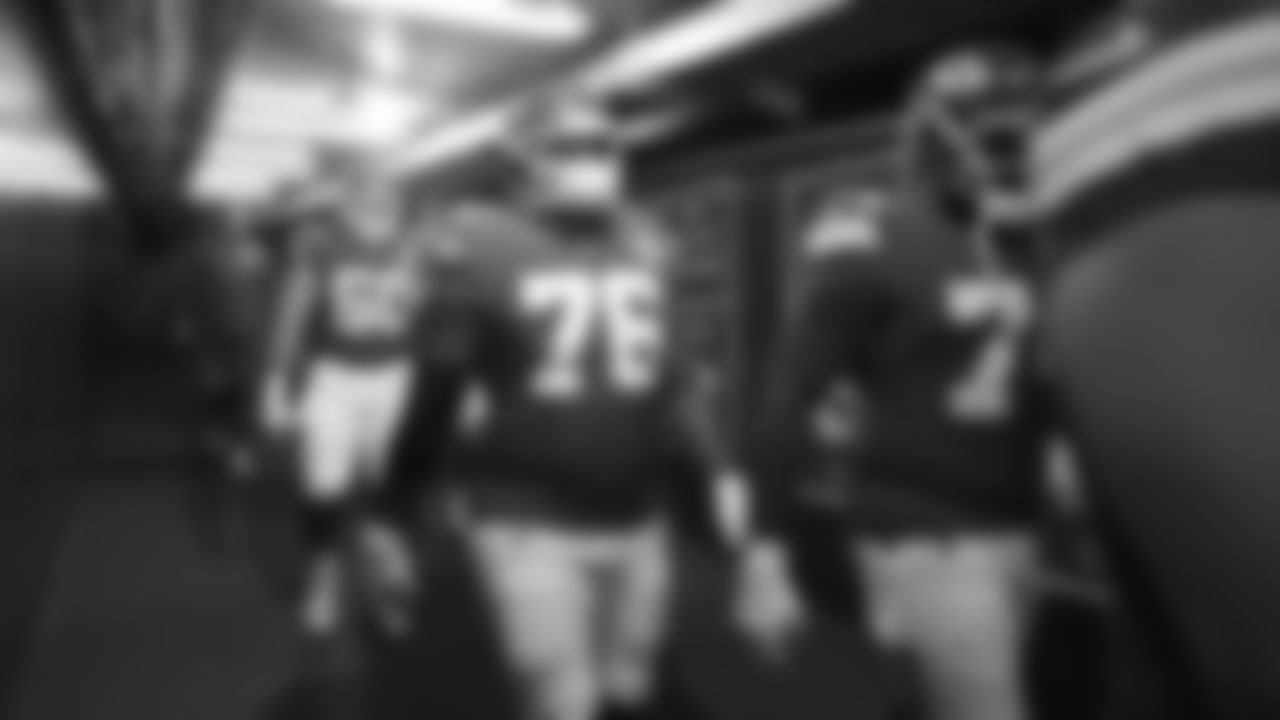 Offensive lineman Hunter Nourzad (60) and Kansas City Chiefs tackle Kingsley Suamataia (76) in the tunnel prior to a week 7 NFL Football game against the Las Vegas Raiders on Sunday, October 19, 2025 in Kansas City, MO.