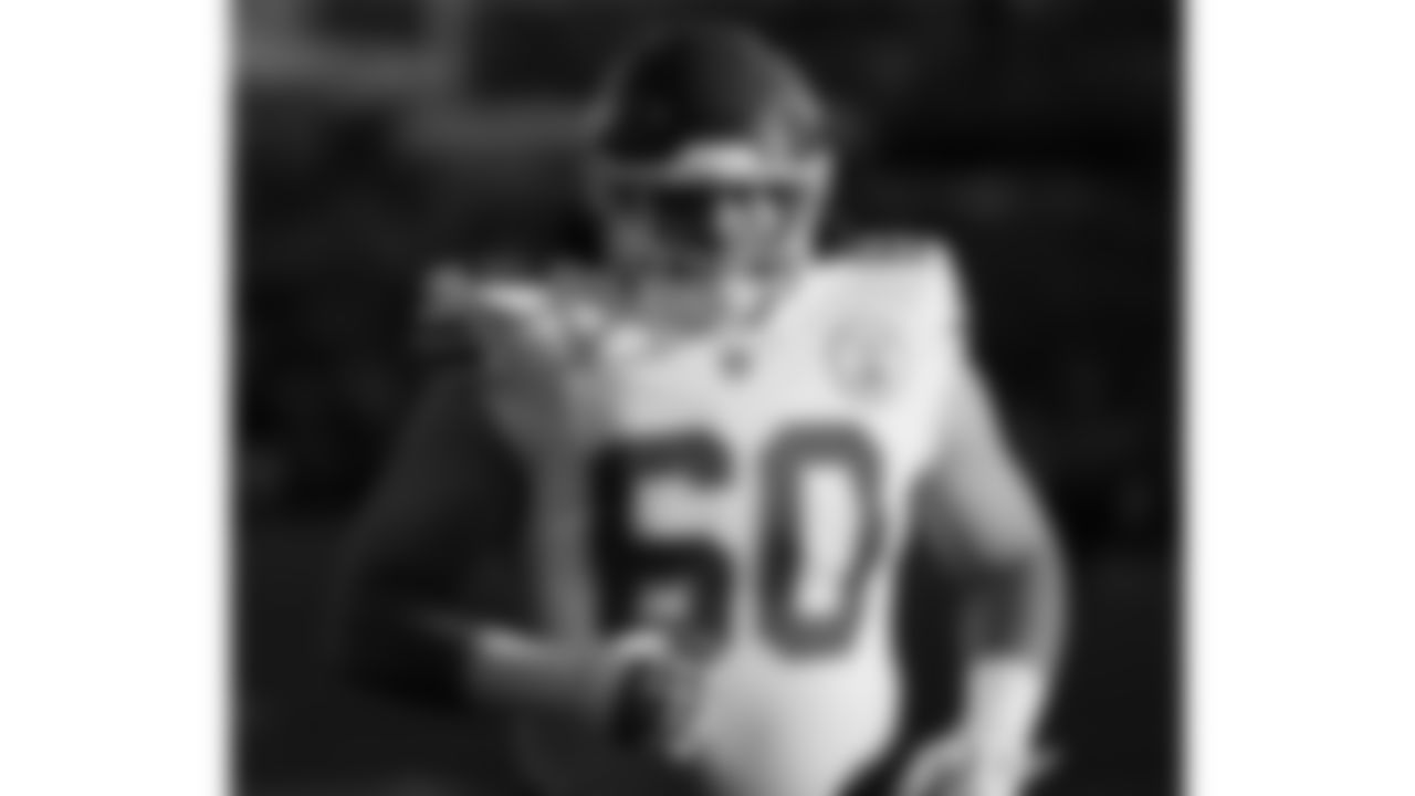 Kansas City Chiefs offensive lineman Hunter Nourzad (60) warms up prior to a week 9 NFL football game against the Buffalo Bills, Sunday, November 2, 2025 in Buffalo, NY.